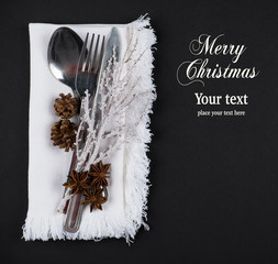 Christmas table setting in silver, brown and white, copy space