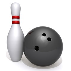 Skittles and bowling ball 3d illustration on a white background