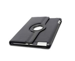 Black leather tablet computer case on a white background