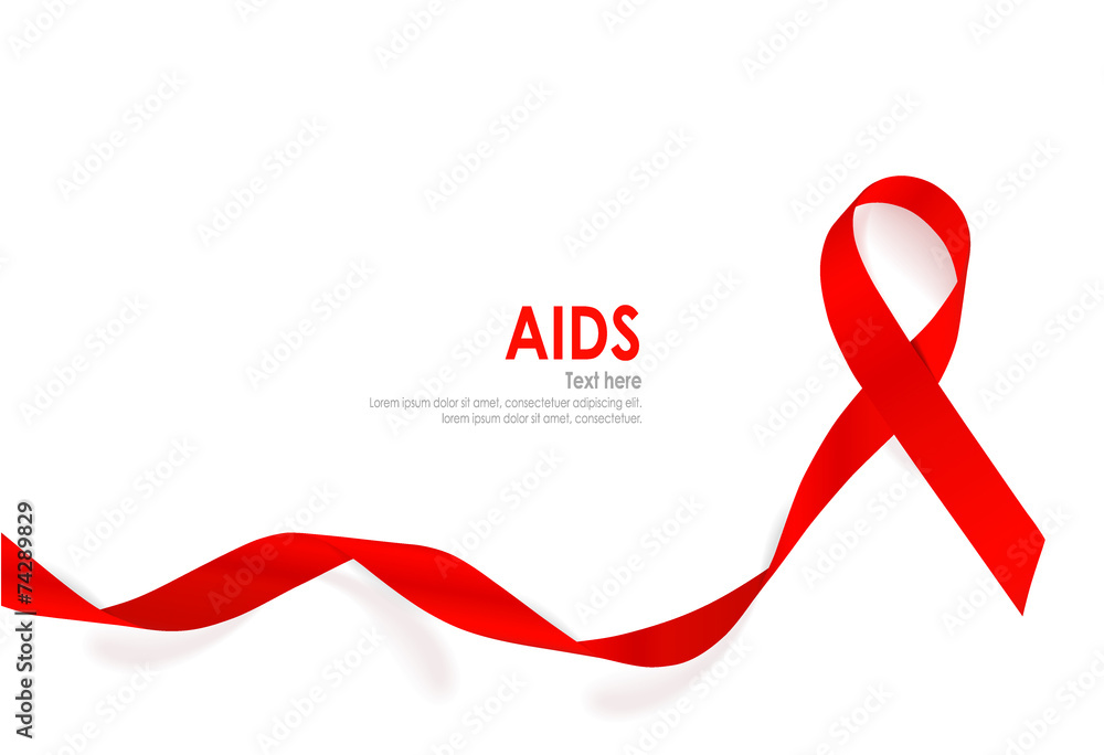 Wall mural aids awareness red heart ribbon on white background. vector illu