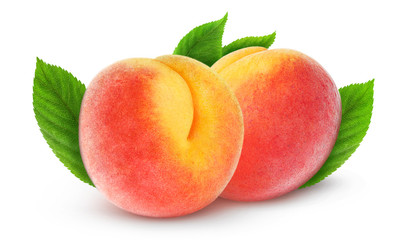Fototapeta na wymiar Isolated peaches. Two fresh peaches with leaves over white background, with clipping path