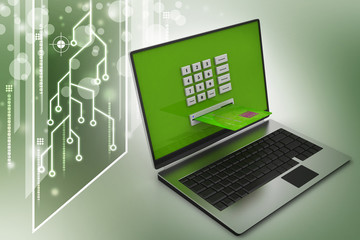 Laptop computer with a credit card, online payment concept