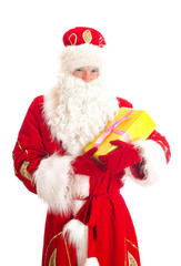 Santa Claus with gift. Isolated on white.