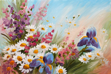 Oil Painting - abstract illustration of flowers, daisies, greens - obrazy, fototapety, plakaty