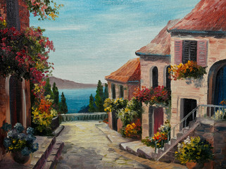oil painting on canvas - house near the sea
