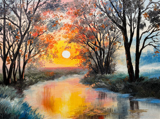 oil painting on canvas - the river - obrazy, fototapety, plakaty
