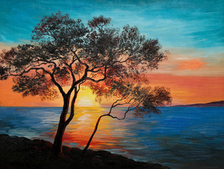 oil painting on canvas - tree near the lake at sunset - obrazy, fototapety, plakaty