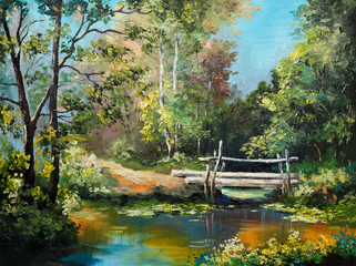 oil painting on canvas - bridge in the forest - 74294827