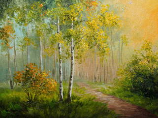 Obrazy  obraz olejny na płótnie - brzozowy las, abstrakcyjny rysunek