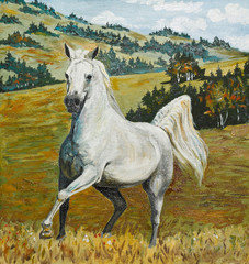 oil painting - white horse galloping in field
