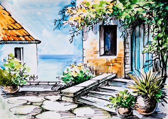 Oil Painting, watercolor  - flowers near the house, Greek street