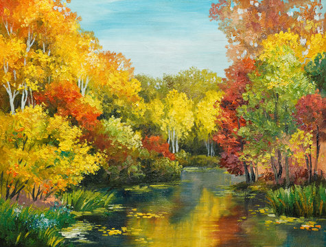 oil painting on canvas - colorfull autumn forest