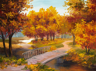 Obrazy  Obraz olejny - jesienny las z rzeką i mostem nad rzeką