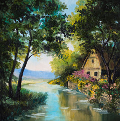 Obraz premium oil painting on canvas - house near the river