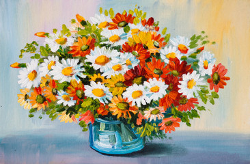 Oil painting of spring flowers in a vase on canvas - obrazy, fototapety, plakaty