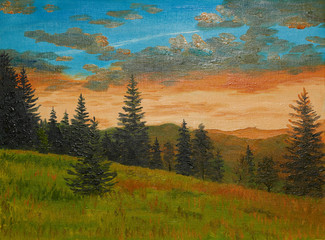 oil painting on canvas - sunset in the mountains