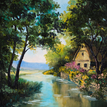 oil painting on canvas - house near the river
