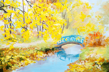 Oil painting landscape - colorful autumn forest