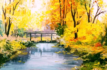Schilderijen op glas Landschap met olieverfschilderij - kleurrijk herfstbos © Fresh Stock