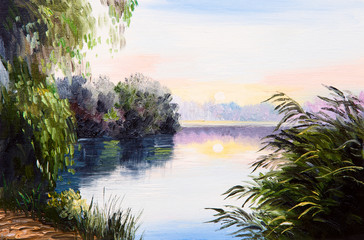 oil painting - sunrise on the lake, abstract drawing