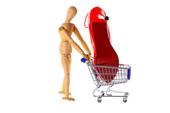 Wooden Doll buys shoes in a shopping cart