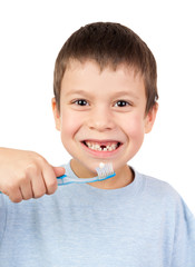 grimacing boy portrait on white