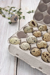 Quail eggs in the cardboard packing on the white table