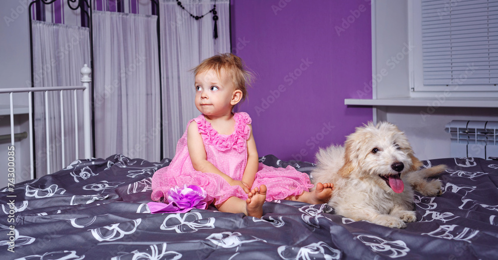 Wall mural little girl and dog