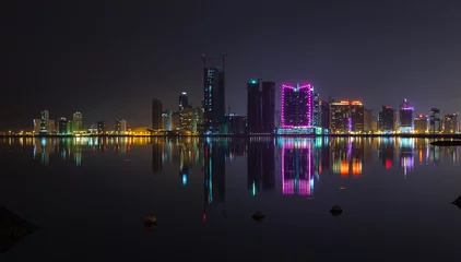 Foto op Plexiglas Night modern city skyline panorama with neon lights © evannovostro