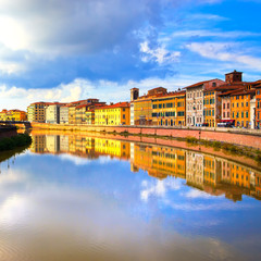 Pisa, Arno river and buildings reflection. Lungarno view. Tuscan