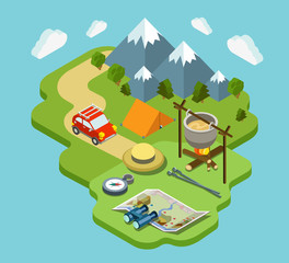 Camping travel outdoor active vacation flat 3d isometric concept