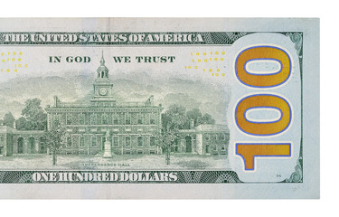 Macro shot of back on 100 dollar bill