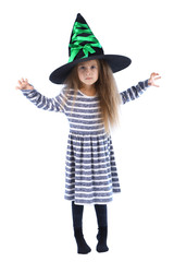 Little girl Witch in hat isolated on white