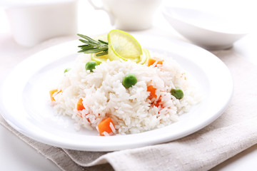 Vegetable rice served on table, close-up