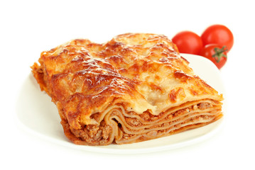 Portion of tasty lasagna, isolated on white