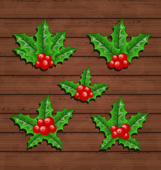 Christmas set holly berry branches on wooden background