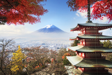 Mt. Fuji with fall colors in Japan. - obrazy, fototapety, plakaty