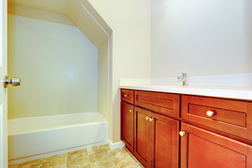 Empty bathroom interior with bright brown vanity cabine