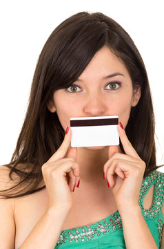 closeup beautiful young woman holding credit card