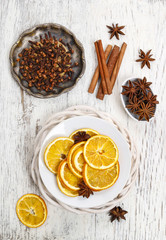 Christmas decorations on white wood