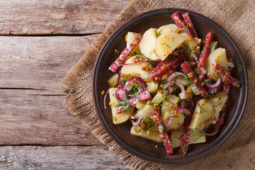 German potato salad close-up top view  horizontal. rustic style