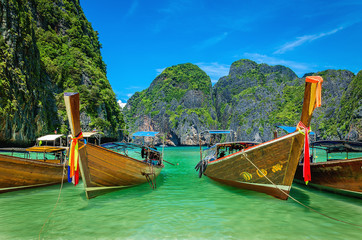 Amazinm Maya Bay and longtail boats, Phi Phi Islands, Thailand