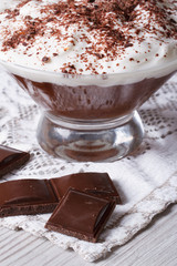chocolate dessert with whipped cream close-up. Vertical