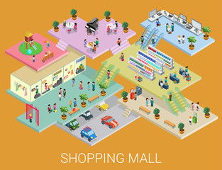 Flat 3d isometric shopping mall concept vector