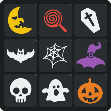 Set of 9 halloween web and mobile icons. Vector.