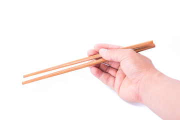 Hand with chopsticks isolated on white background