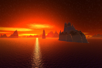 3D rendered fantasy alien planet. Sea and  sunset