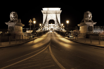 Night traffic of cars on Secheni Bridge in Budapest