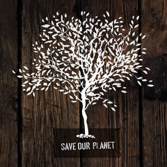 Tree Silhouette on Wooden Texture. Ecology Poster Concept