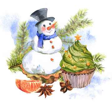 New Year Card with Snowman Cupcakes